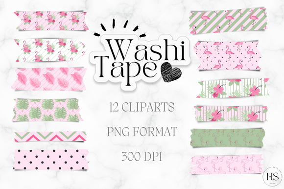 Download 12 Tropical Flamingo Washi Tape PNG Pack - Tropical flamingo Collection